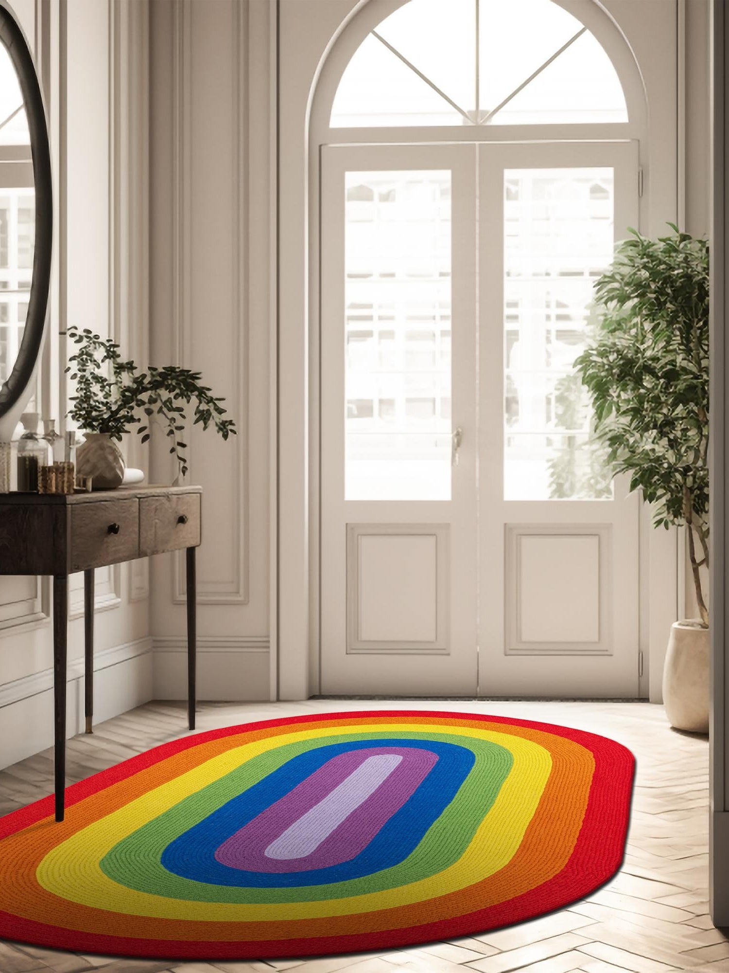Multicolor 4' 1 x 6' 1 Hand Braided Rainbow Wool Oval Area Rug 100% Natural Wool Colorful Vivid Handmade Carpet for Modern Interior Design for Sale at Rug Engine