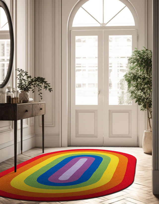 Multicolor 5' 1 x 8' Hand Braided Rainbow Wool Oval Rug