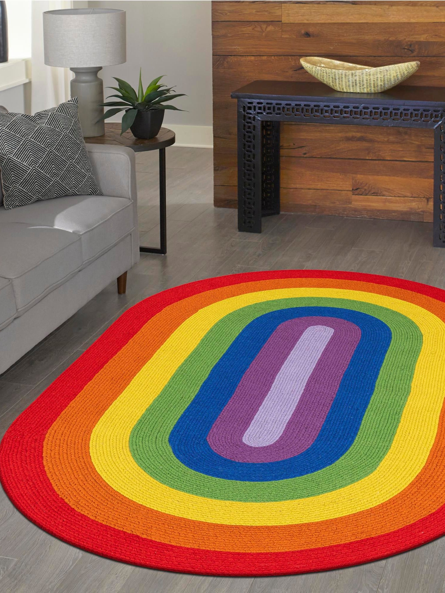Multicolor 4' 1 x 6' 1 Hand Braided Rainbow Wool Oval Area Rug 100% Natural Wool Colorful Vivid Handmade Carpet for Modern Interior Design for Sale at Rug Engine