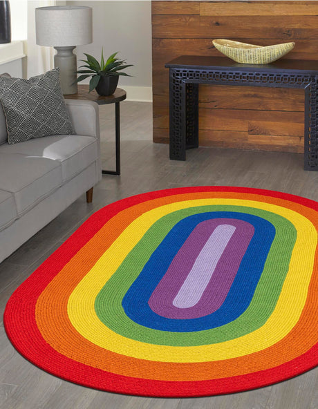 Multicolor 3' 1 x 5' 1 Hand Braided Rainbow Wool Oval Area Rug 100% Natural Wool Colorful Vivid Handmade Carpet for Modern Interior Design for Sale at Rug Engine