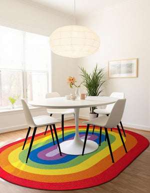 Multicolor 5' 1 x 8' Hand Braided Rainbow Wool Oval Rug