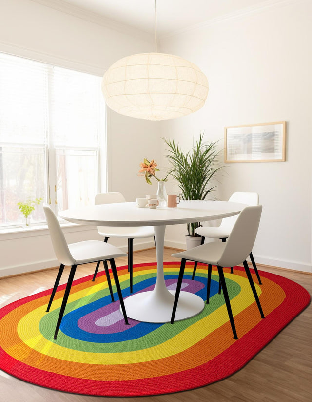 Multicolor 5' 1 x 8' Hand Braided Rainbow Wool Oval Rug