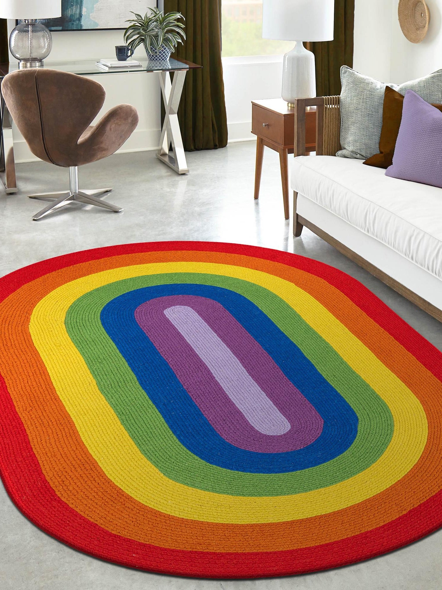 Multicolor 2' x 3' 1 Hand Braided Rainbow Wool Oval Area Rug 100% Natural Wool Colorful Vivid Handmade Carpet for Modern Interior Design for Sale at Rug Engine
