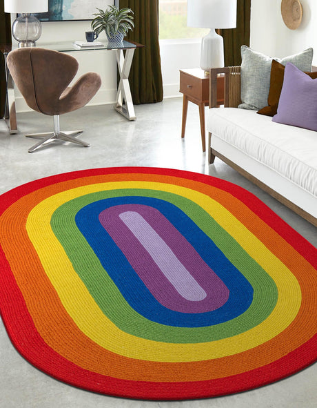 Multicolor 2' x 3' 1 Hand Braided Rainbow Wool Oval Area Rug 100% Natural Wool Colorful Vivid Handmade Carpet for Modern Interior Design for Sale at Rug Engine
