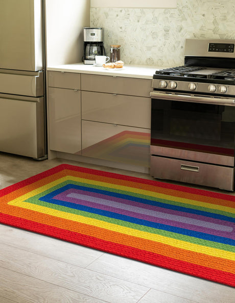 Multicolor 2' x 6' 1 Hand Braided Rainbow Wool Runner Rug