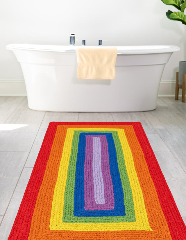 Multicolor 2' x 6' 1 Hand Braided Rainbow Wool Runner Rug