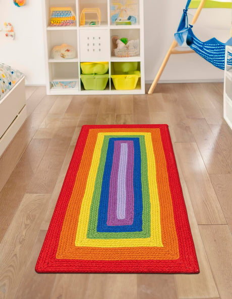 Multicolor 2' x 4' 1 Hand Braided Rainbow Wool Runner Area Rug 100% Natural Wool Colorful Vivid Handmade Carpet for Modern Interior Design for Sale at Rug Engine