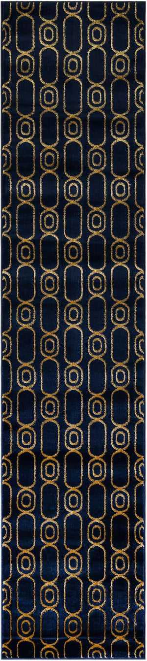 Navy Blue and Gold 2' 7 x 12' Vogue Geo Runner Area Rug Geometric Glam Style Shiny Accents Carpet Mat for Unique Interior Design & Home Decor for Sale at Rug Engine