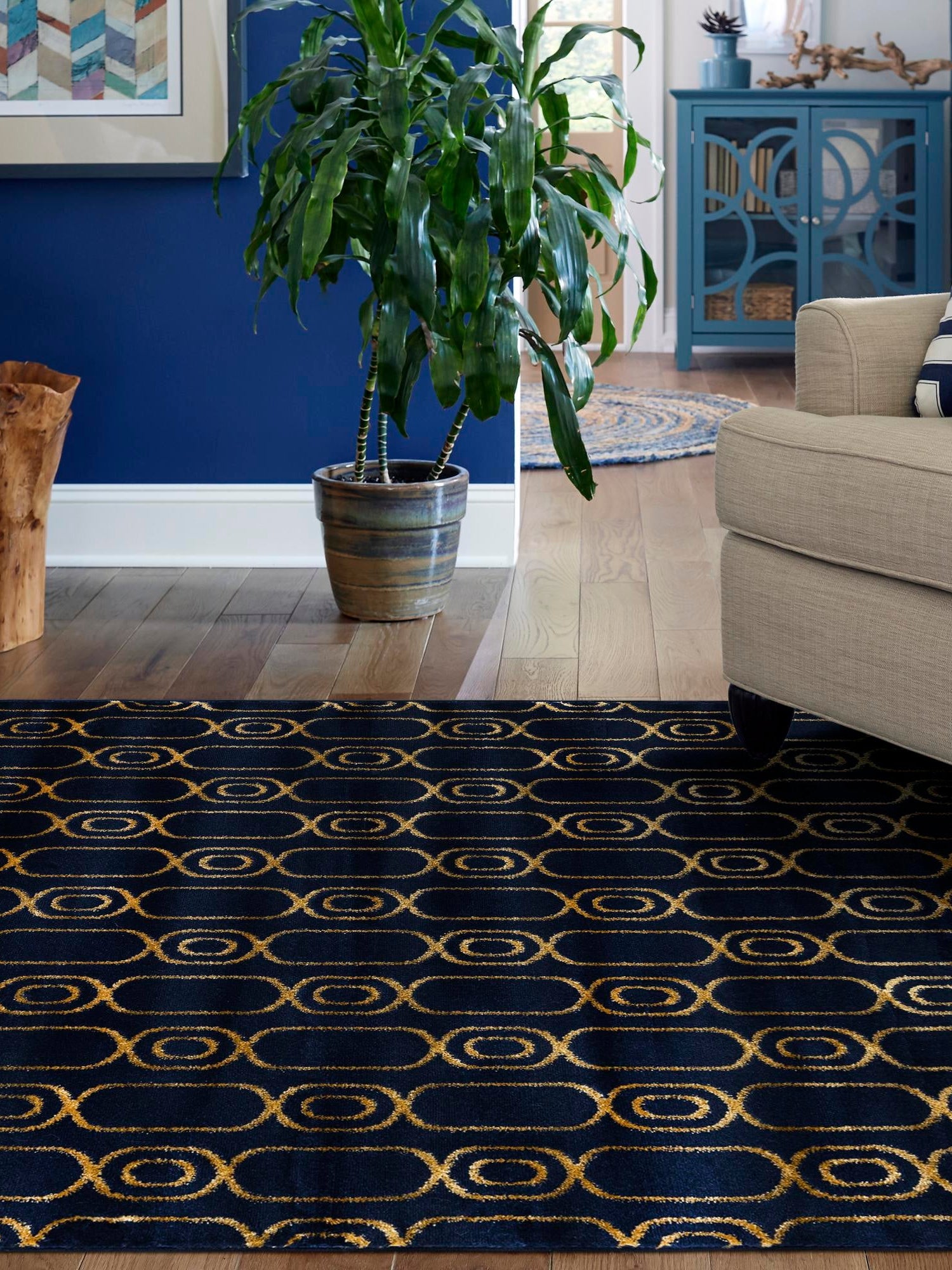 Navy Blue and Gold 2' x 3' 1 Vogue Geo Rectangle Area Rug Geometric Glam Style Shiny Accents Carpet Mat for Unique Interior Design & Home Decor for Sale at Rug Engine