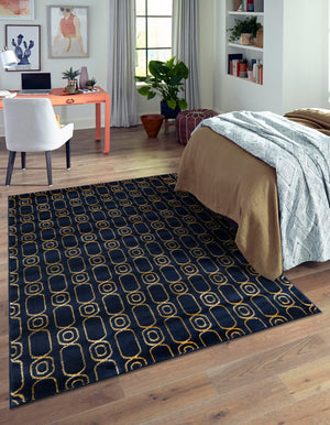 Navy Blue and Gold 9' x 12' Vogue Geo Rectangle Area Rug Geometric Glam Style Shiny Accents Carpet Mat for Unique Interior Design & Home Decor for Sale at Rug Engine