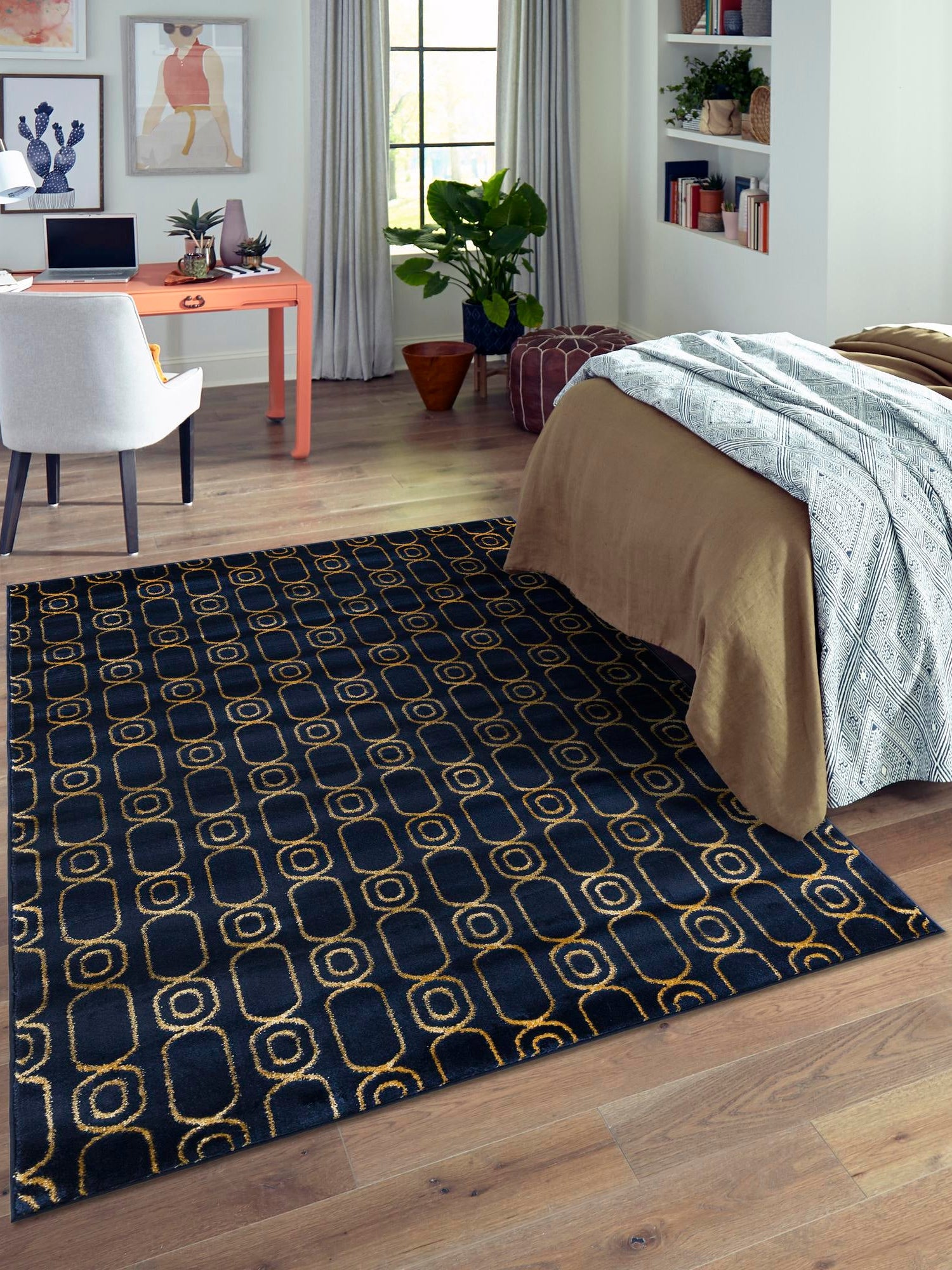 Navy Blue and Gold 6' 1 x 9' Vogue Geo Rectangle Area Rug Geometric Glam Style Shiny Accents Carpet Mat for Unique Interior Design & Home Decor for Sale at Rug Engine