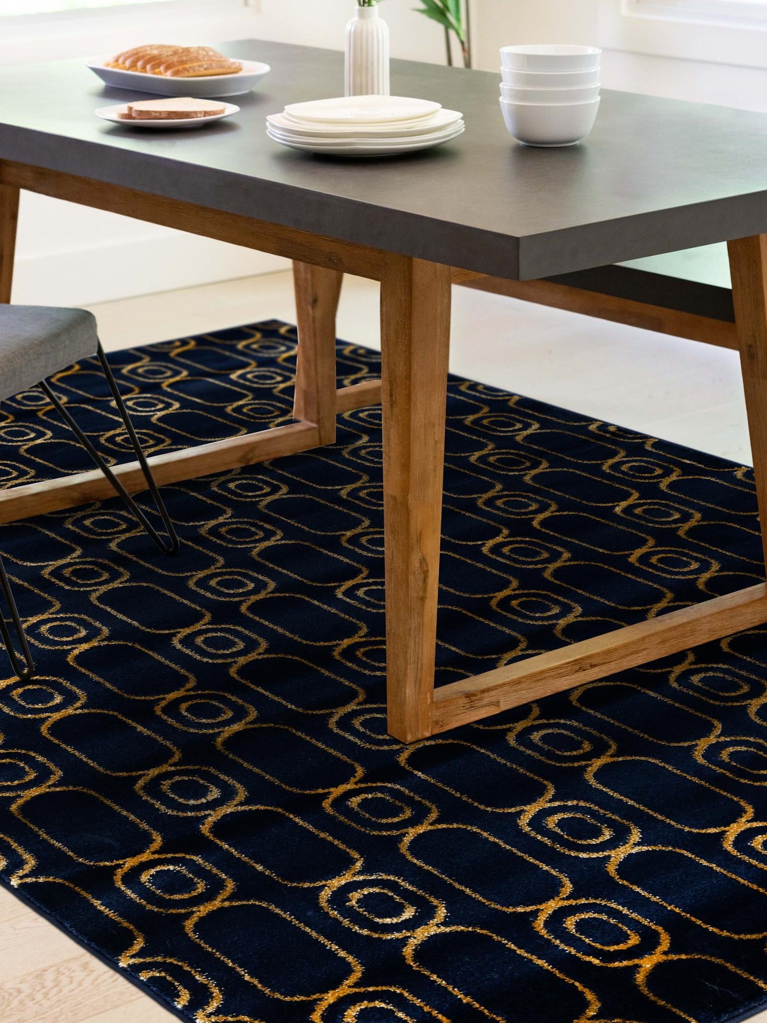 Navy Blue and Gold 5' 3 x 7' 1 Vogue Geo Rectangle Area Rug Geometric Glam Style Shiny Accents Carpet Mat for Unique Interior Design & Home Decor for Sale at Rug Engine