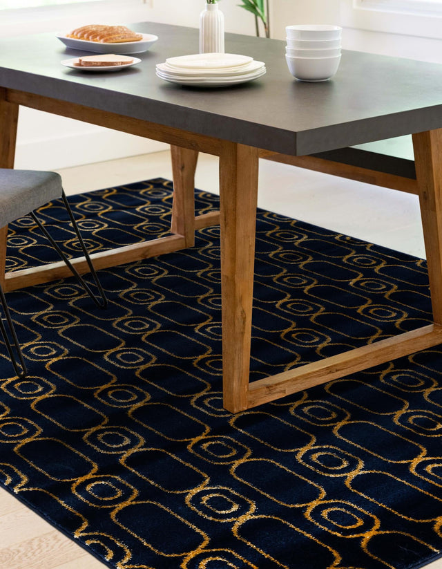 Navy Blue and Gold 5' 3 x 7' 1 Vogue Geo Rectangle Area Rug Geometric Glam Style Shiny Accents Carpet Mat for Unique Interior Design & Home Decor for Sale at Rug Engine