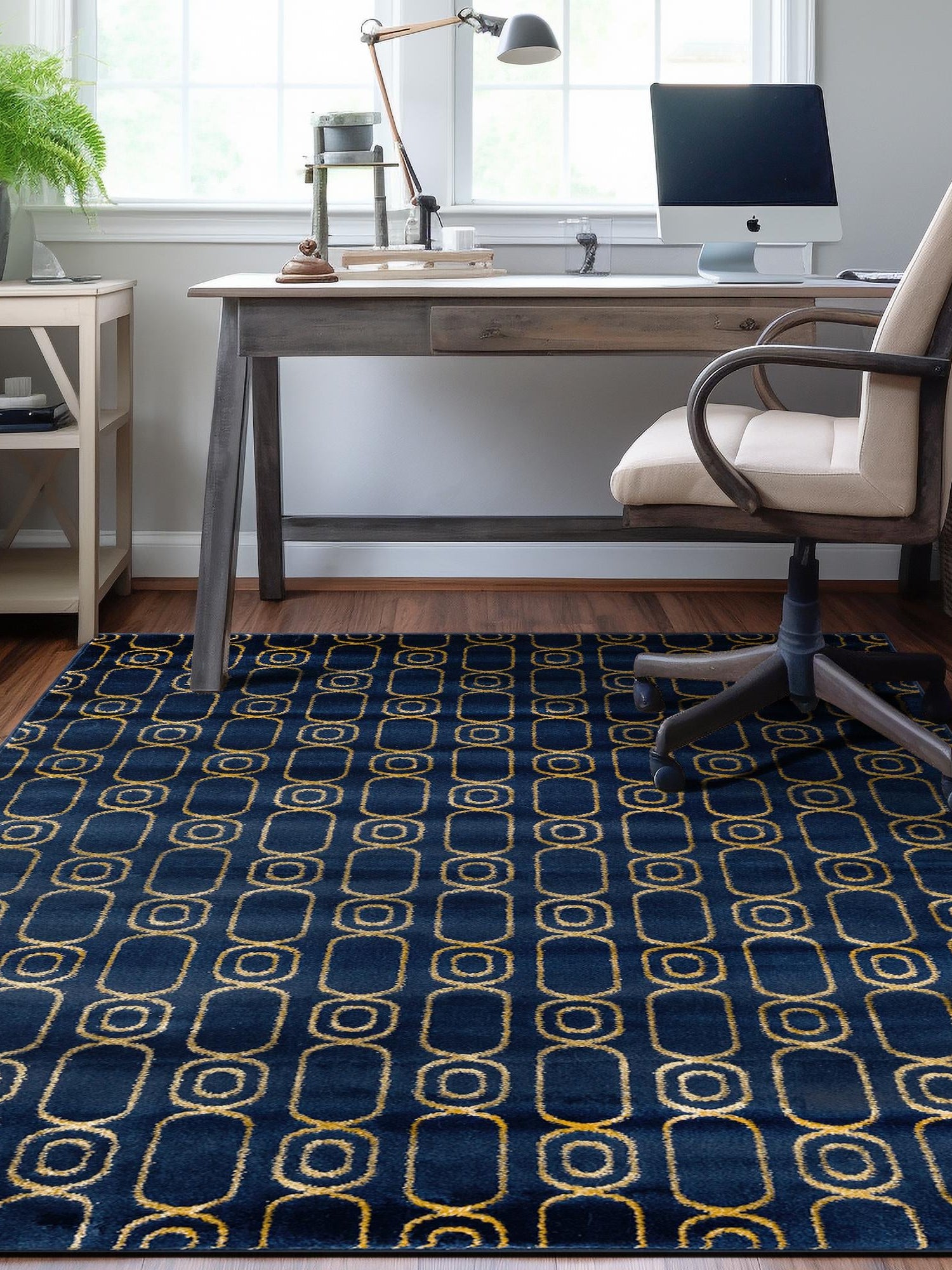 Navy Blue and Gold 5' 3 x 7' 1 Vogue Geo Rectangle Area Rug Geometric Glam Style Shiny Accents Carpet Mat for Unique Interior Design & Home Decor for Sale at Rug Engine