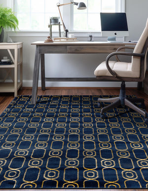 Navy Blue and Gold 6' 1 x 9' Vogue Geo Rectangle Area Rug Geometric Glam Style Shiny Accents Carpet Mat for Unique Interior Design & Home Decor for Sale at Rug Engine