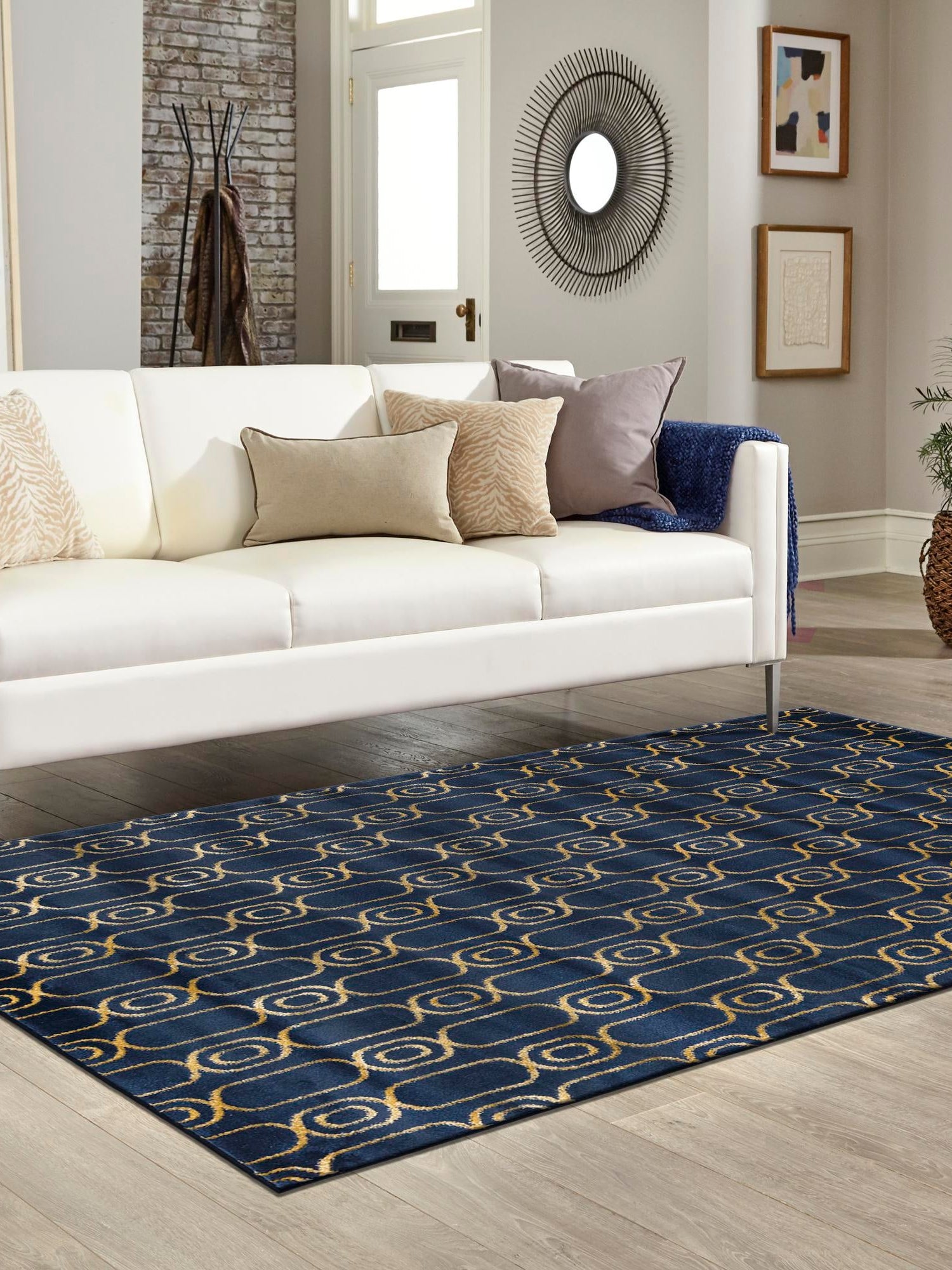 Navy Blue and Gold 5' 3 x 7' 1 Vogue Geo Rectangle Area Rug Geometric Glam Style Shiny Accents Carpet Mat for Unique Interior Design & Home Decor for Sale at Rug Engine
