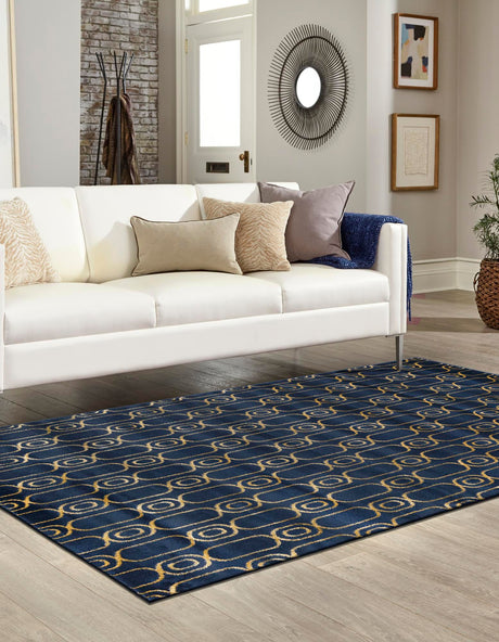 Navy Blue and Gold 5' 3 x 7' 1 Vogue Geo Rectangle Area Rug Geometric Glam Style Shiny Accents Carpet Mat for Unique Interior Design & Home Decor for Sale at Rug Engine