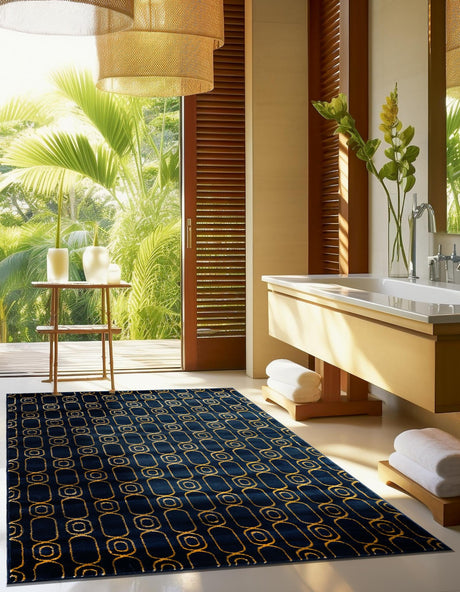 Navy Blue and Gold 9' x 12' Vogue Geo Rectangle Area Rug Geometric Glam Style Shiny Accents Carpet Mat for Unique Interior Design & Home Decor for Sale at Rug Engine
