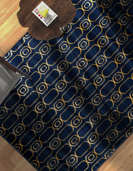 Navy Blue and Gold 10' x 13' 1 Vogue Geo Rectangle Area Rug Geometric Glam Style Shiny Accents Carpet Mat for Unique Interior Design & Home Decor for Sale at Rug Engine