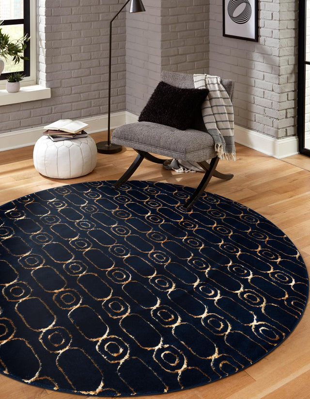Navy Blue and Gold 3' 1 x 3' 1 Vogue Geo Round Area Rug Geometric Glam Style Shiny Accents Carpet Mat for Unique Interior Design & Home Decor for Sale at Rug Engine