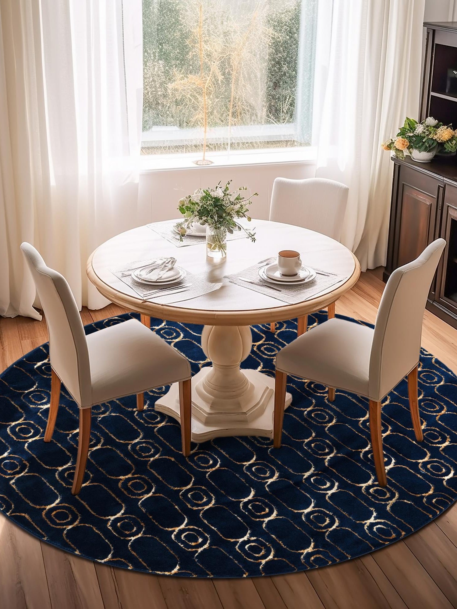 Navy Blue and Gold 3' 1 x 3' 1 Vogue Geo Round Area Rug Geometric Glam Style Shiny Accents Carpet Mat for Unique Interior Design & Home Decor for Sale at Rug Engine