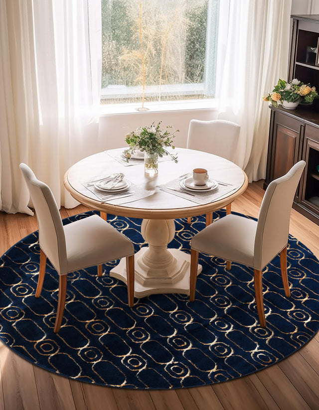 Navy Blue and Gold 3' 1 x 3' 1 Vogue Geo Round Area Rug Geometric Glam Style Shiny Accents Carpet Mat for Unique Interior Design & Home Decor for Sale at Rug Engine