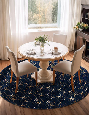 Navy Blue and Gold 10' x 10' Vogue Geo Round Area Rug Geometric Glam Style Shiny Accents Carpet Mat for Unique Interior Design & Home Decor for Sale at Rug Engine
