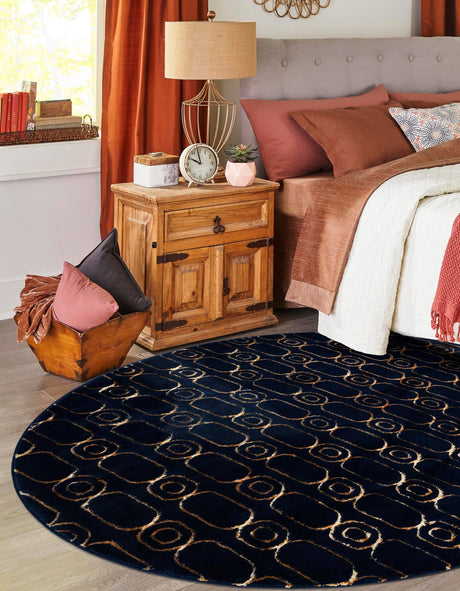 Navy Blue and Gold 3' 1 x 3' 1 Vogue Geo Round Area Rug Geometric Glam Style Shiny Accents Carpet Mat for Unique Interior Design & Home Decor for Sale at Rug Engine