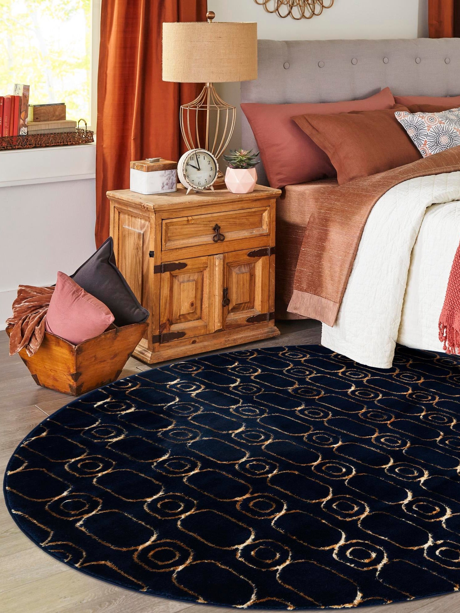 Navy Blue and Gold 10' x 10' Vogue Geo Round Area Rug Geometric Glam Style Shiny Accents Carpet Mat for Unique Interior Design & Home Decor for Sale at Rug Engine
