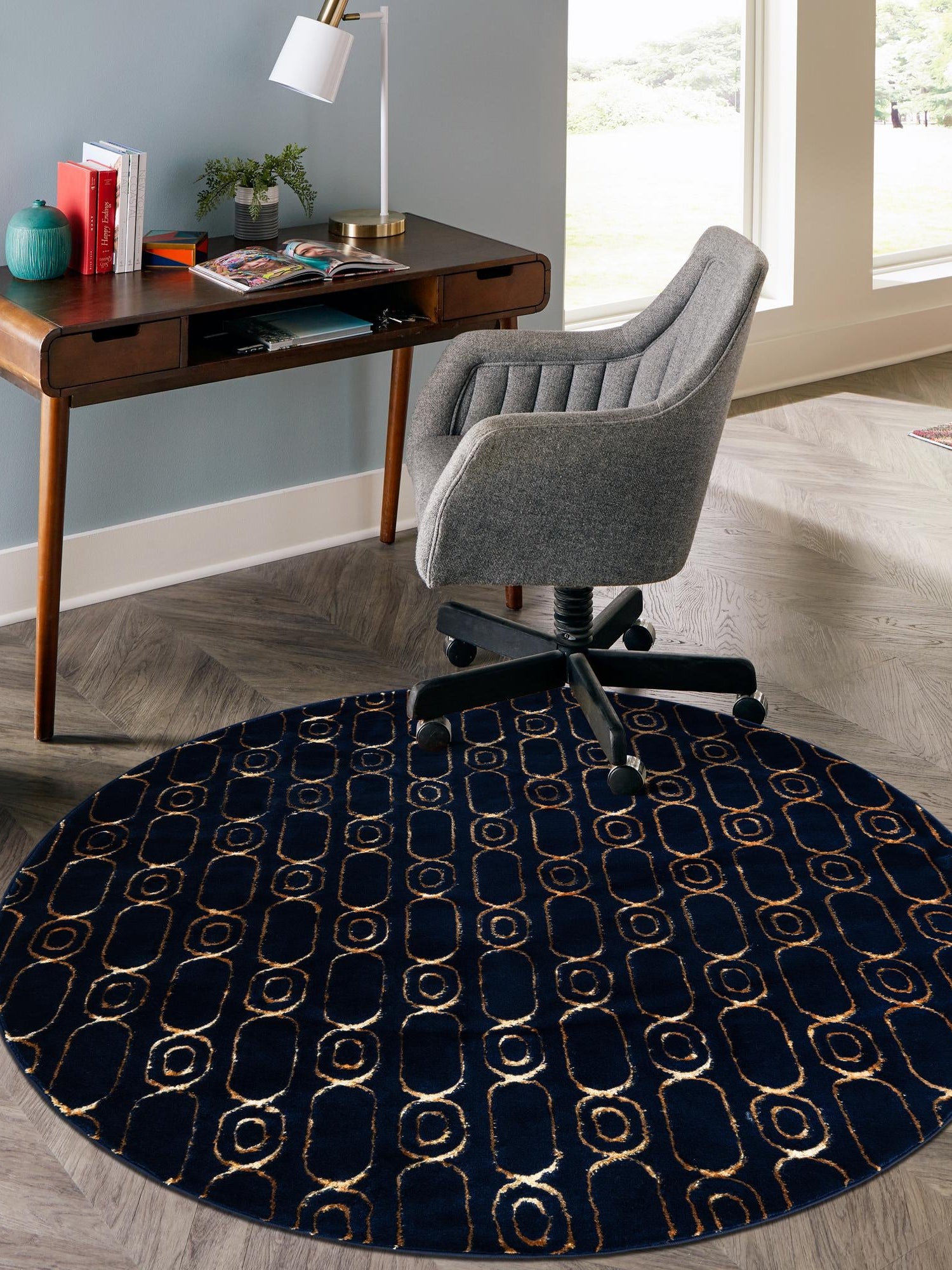 Navy Blue and Gold 3' 1 x 3' 1 Vogue Geo Round Area Rug Geometric Glam Style Shiny Accents Carpet Mat for Unique Interior Design & Home Decor for Sale at Rug Engine