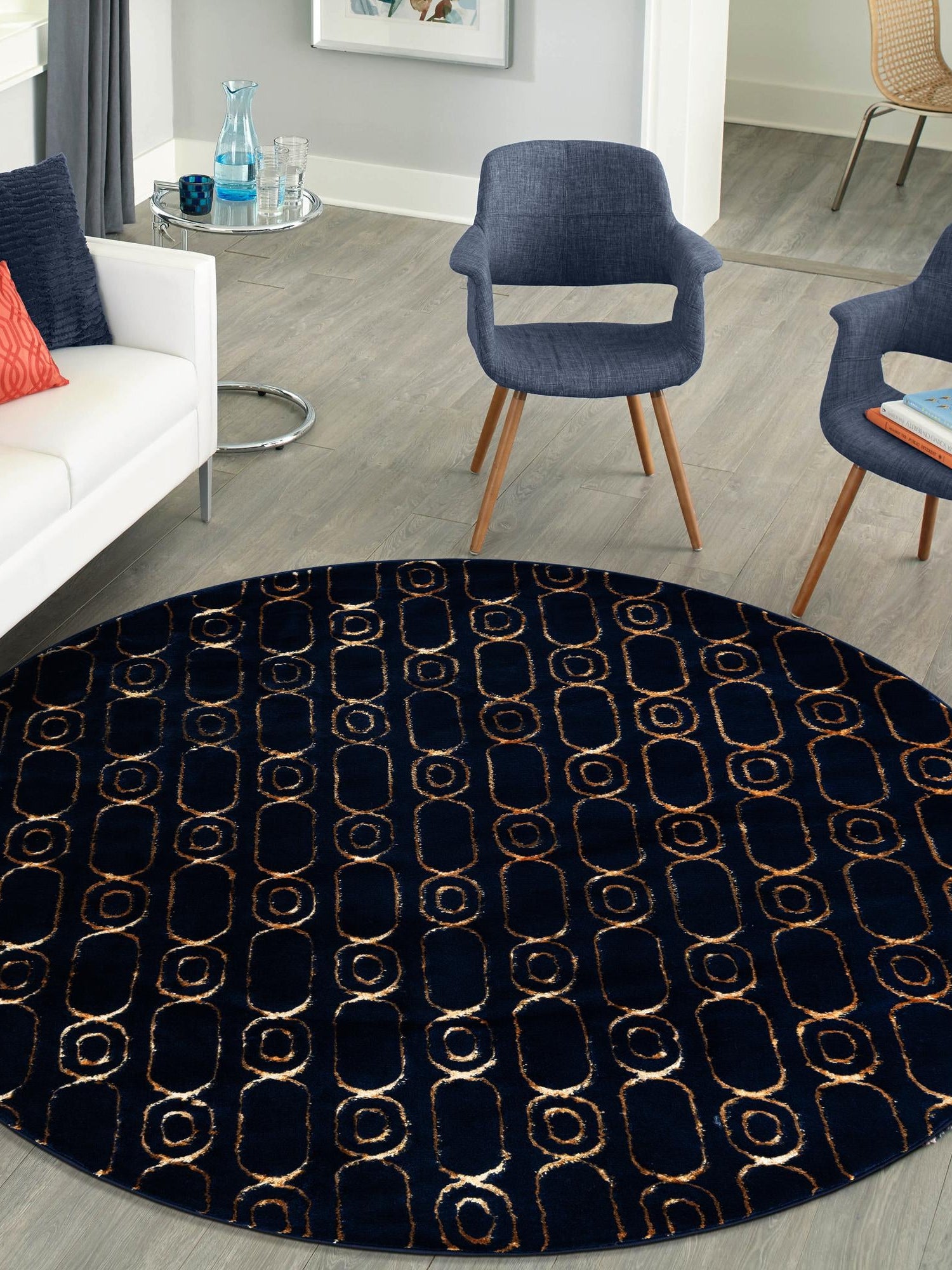 Navy Blue and Gold 10' x 10' Vogue Geo Round Area Rug Geometric Glam Style Shiny Accents Carpet Mat for Unique Interior Design & Home Decor for Sale at Rug Engine