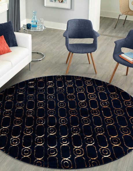 Navy Blue and Gold 10' x 10' Vogue Geo Round Area Rug Geometric Glam Style Shiny Accents Carpet Mat for Unique Interior Design & Home Decor for Sale at Rug Engine