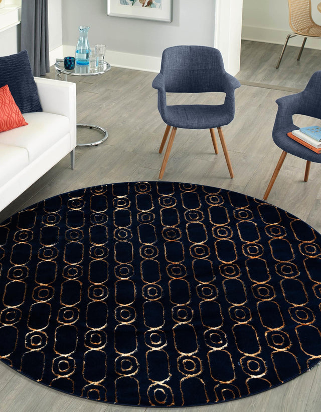 Navy Blue and Gold 10' x 10' Vogue Geo Round Area Rug Geometric Glam Style Shiny Accents Carpet Mat for Unique Interior Design & Home Decor for Sale at Rug Engine