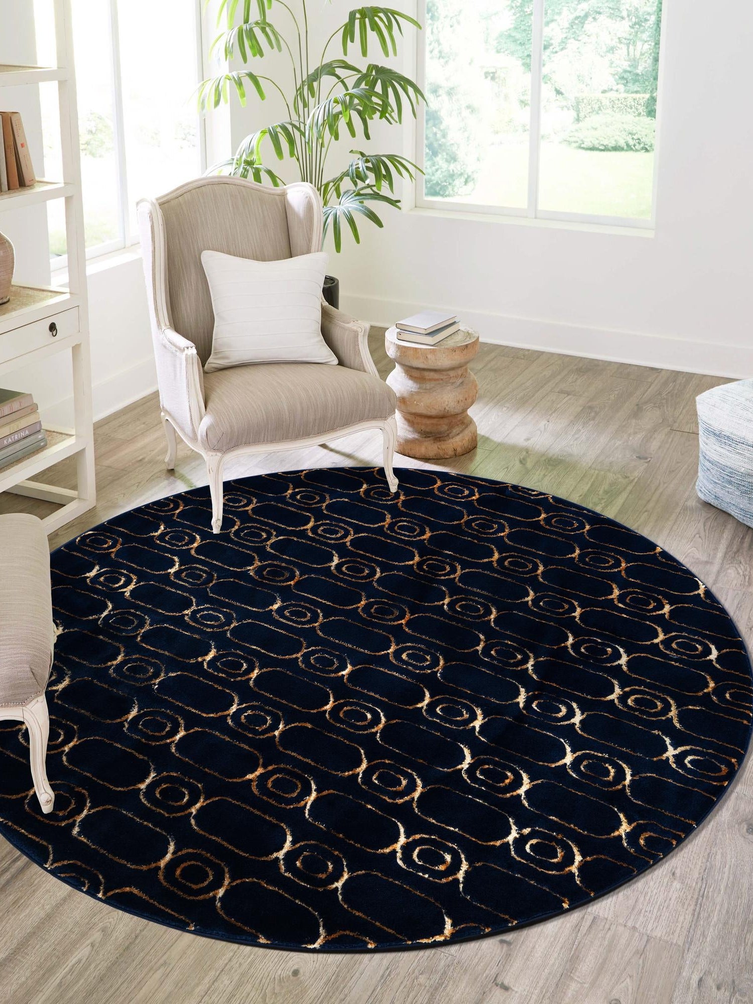 Navy Blue and Gold 10' x 10' Vogue Geo Round Area Rug Geometric Glam Style Shiny Accents Carpet Mat for Unique Interior Design & Home Decor for Sale at Rug Engine