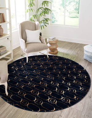 Navy Blue and Gold 10' x 10' Vogue Geo Round Area Rug Geometric Glam Style Shiny Accents Carpet Mat for Unique Interior Design & Home Decor for Sale at Rug Engine