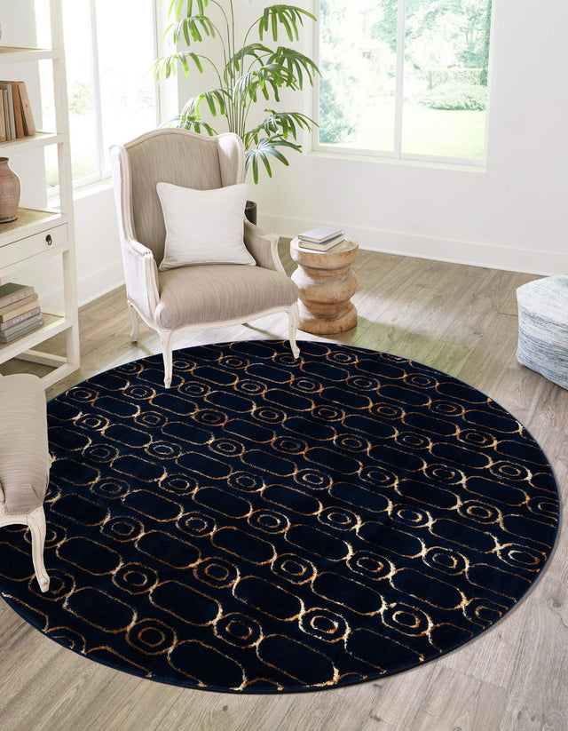 Navy Blue and Gold 10' x 10' Vogue Geo Round Area Rug Geometric Glam Style Shiny Accents Carpet Mat for Unique Interior Design & Home Decor for Sale at Rug Engine
