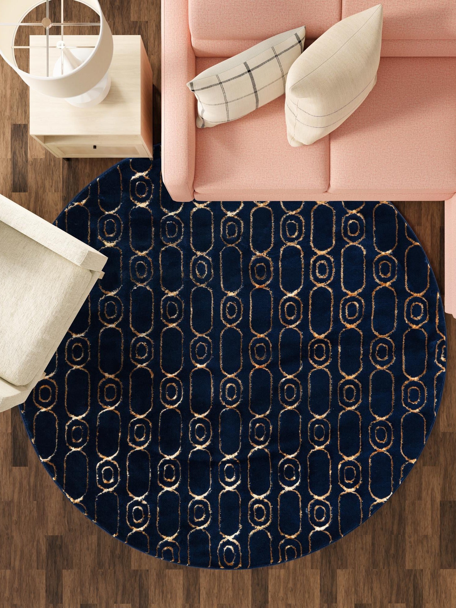 Navy Blue and Gold 10' x 10' Vogue Geo Round Area Rug Geometric Glam Style Shiny Accents Carpet Mat for Unique Interior Design & Home Decor for Sale at Rug Engine