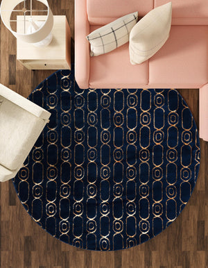 Navy Blue and Gold 10' x 10' Vogue Geo Round Area Rug Geometric Glam Style Shiny Accents Carpet Mat for Unique Interior Design & Home Decor for Sale at Rug Engine