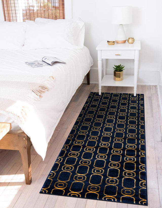 Navy Blue and Gold 2' x 8' Vogue Geo Runner Area Rug Geometric Glam Style Shiny Accents Carpet Mat for Unique Interior Design & Home Decor for Sale at Rug Engine