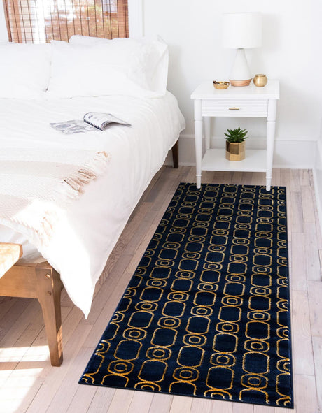 Navy Blue and Gold 2' x 5' 1 Vogue Geo Runner Area Rug Geometric Glam Style Shiny Accents Carpet Mat for Unique Interior Design & Home Decor for Sale at Rug Engine