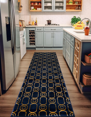Navy Blue and Gold 2' x 8' Vogue Geo Runner Area Rug Geometric Glam Style Shiny Accents Carpet Mat for Unique Interior Design & Home Decor for Sale at Rug Engine
