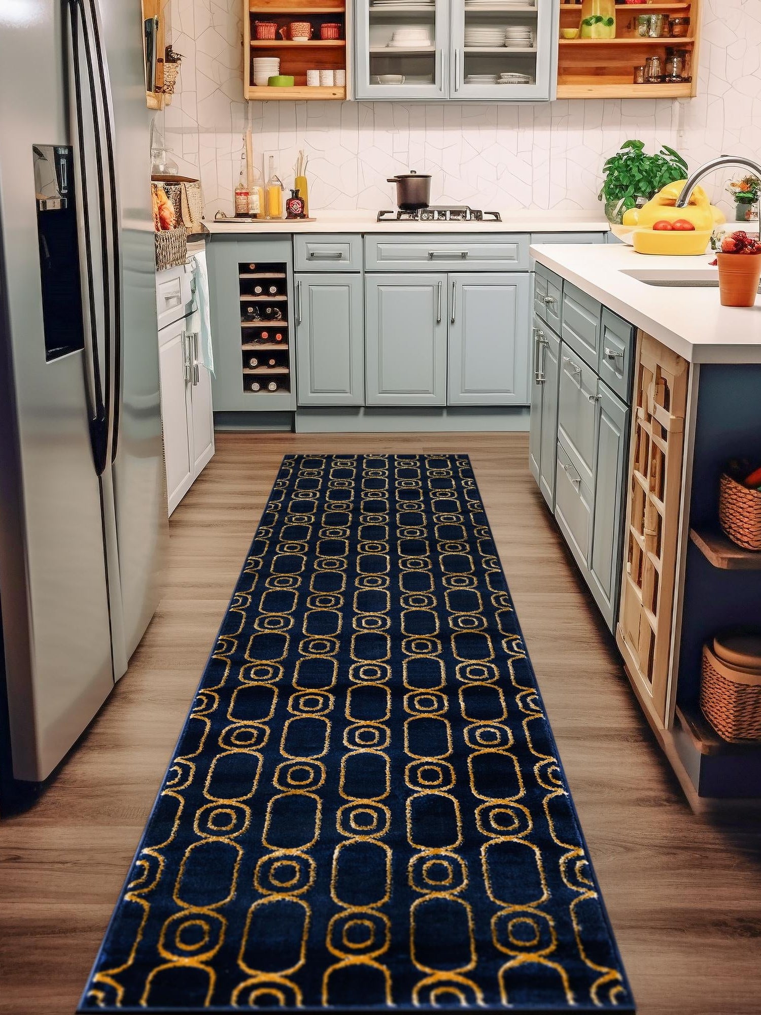 Navy Blue and Gold 2' x 5' 1 Vogue Geo Runner Area Rug Geometric Glam Style Shiny Accents Carpet Mat for Unique Interior Design & Home Decor for Sale at Rug Engine