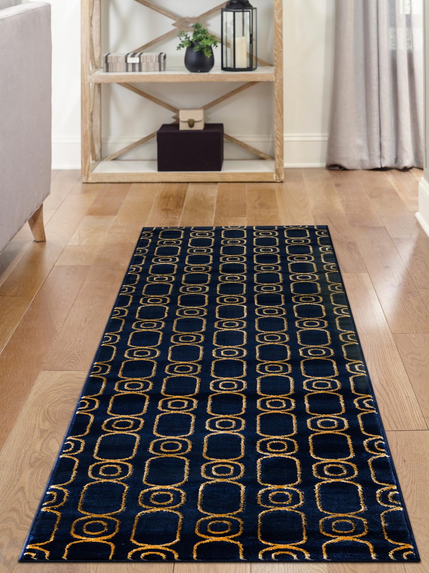Navy Blue and Gold 2' x 6' 1 Vogue Geo Runner Area Rug Geometric Glam Style Shiny Accents Carpet Mat for Unique Interior Design & Home Decor for Sale at Rug Engine