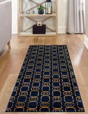 Navy Blue and Gold 2' x 6' 1 Vogue Geo Runner Area Rug Geometric Glam Style Shiny Accents Carpet Mat for Unique Interior Design & Home Decor for Sale at Rug Engine