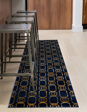 Navy Blue and Gold 2' x 8' Vogue Geo Runner Area Rug Geometric Glam Style Shiny Accents Carpet Mat for Unique Interior Design & Home Decor for Sale at Rug Engine