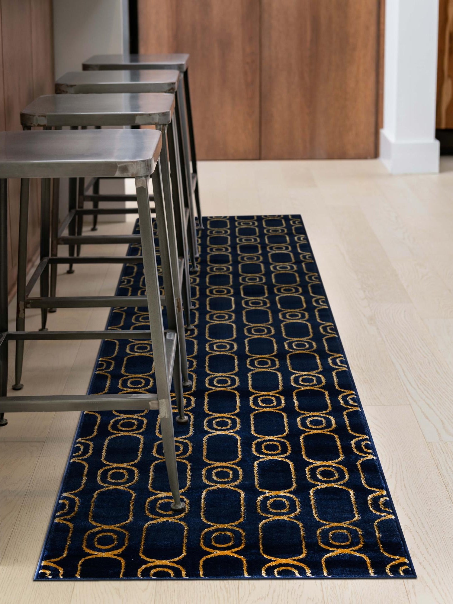 Navy Blue and Gold 2' x 5' 1 Vogue Geo Runner Area Rug Geometric Glam Style Shiny Accents Carpet Mat for Unique Interior Design & Home Decor for Sale at Rug Engine