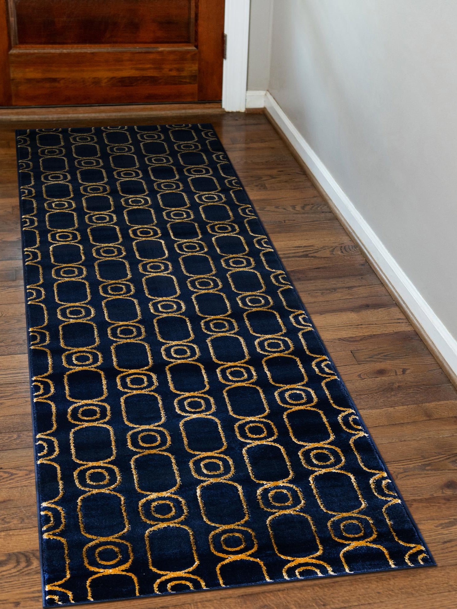 Navy Blue and Gold 2' x 5' 1 Vogue Geo Runner Area Rug Geometric Glam Style Shiny Accents Carpet Mat for Unique Interior Design & Home Decor for Sale at Rug Engine