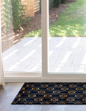 Navy Blue and Gold 2' x 5' 1 Vogue Geo Runner Area Rug Geometric Glam Style Shiny Accents Carpet Mat for Unique Interior Design & Home Decor for Sale at Rug Engine