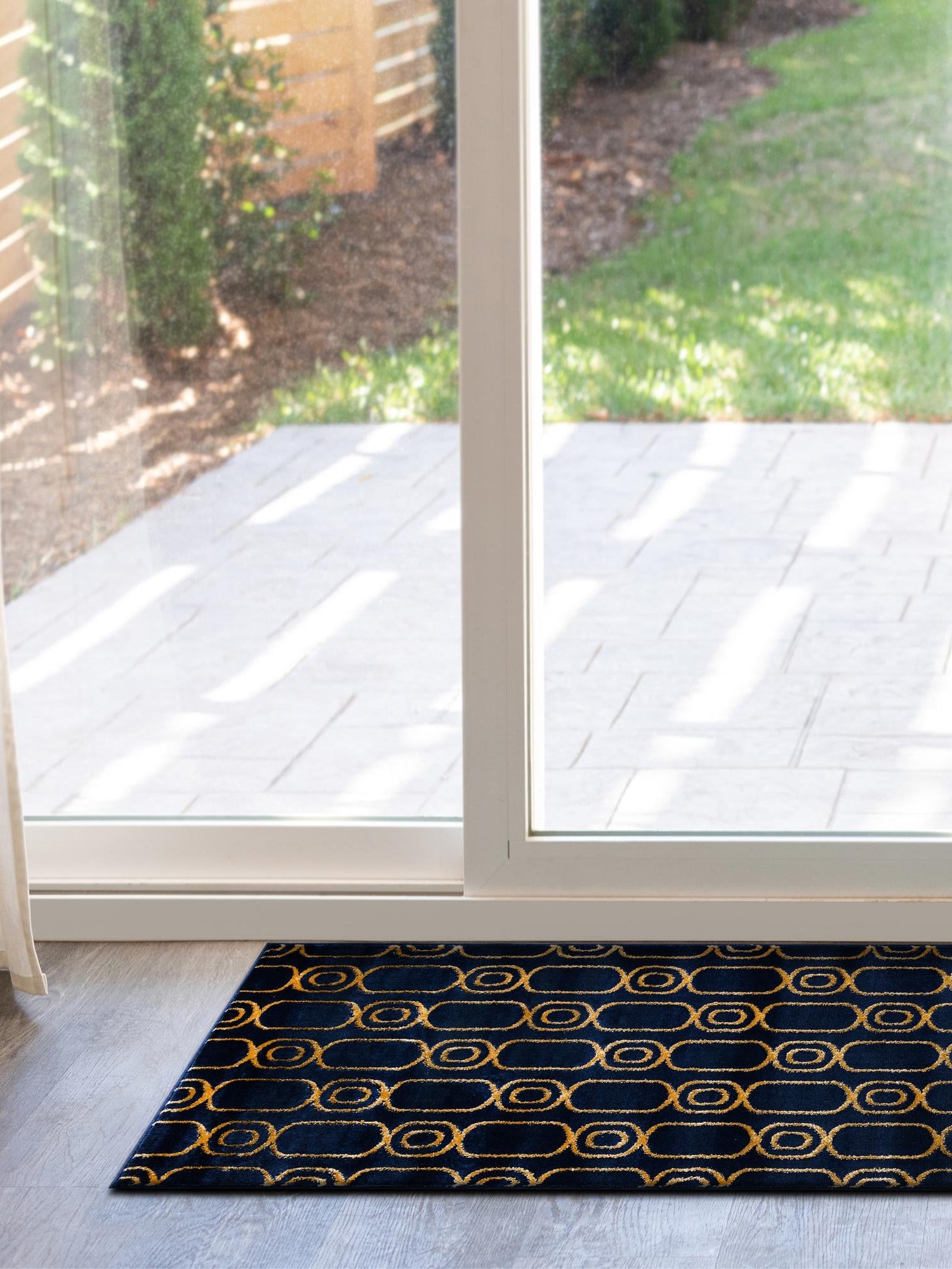 Navy Blue and Gold 2' x 6' 1 Vogue Geo Runner Area Rug Geometric Glam Style Shiny Accents Carpet Mat for Unique Interior Design & Home Decor for Sale at Rug Engine