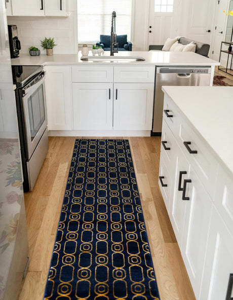Navy Blue and Gold 2' x 8' Vogue Geo Runner Area Rug Geometric Glam Style Shiny Accents Carpet Mat for Unique Interior Design & Home Decor for Sale at Rug Engine